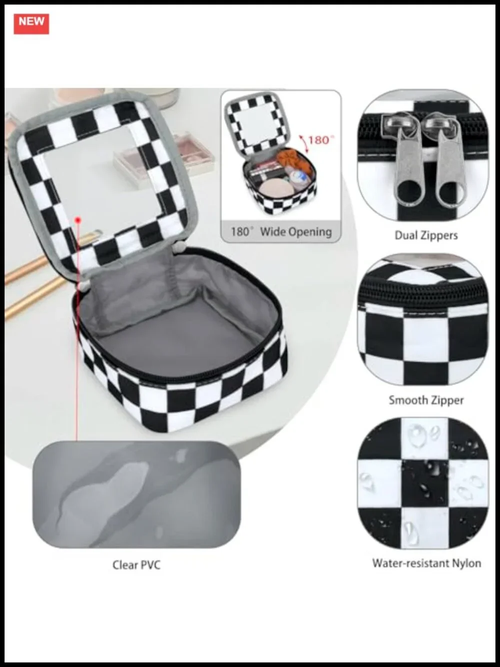Mini Clear Checkered Makeup Bag - Water-Resistant Nylon Cosmetic Pouch Travel